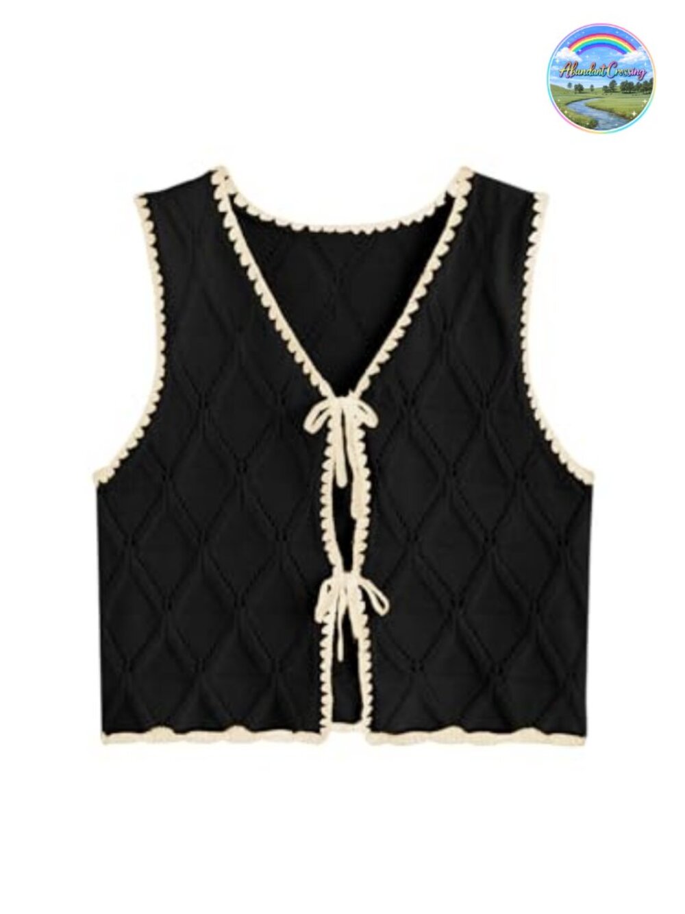 Crochet Knit Sweater Vest Contrast Binding Tie Up V Neck Sleeveless Top